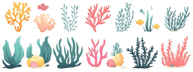 Naklejka premium Seaweed, coral, and sea plants clip art set in a flat vector style on a white background with margins, in bright pastel colors