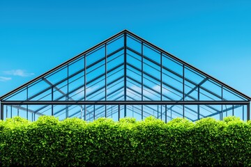 Obraz premium Modern greenhouse with glass walls and lush greenery under a clear blue sky.