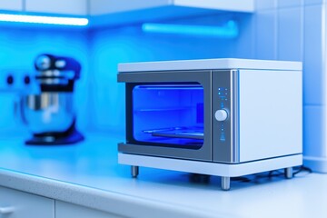 Obraz premium Modern kitchen with a stylish microwave and mixer, illuminated by blue lights.