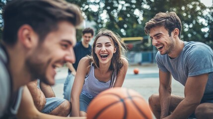 a group of friends playing a casual pickup game on an outdoor court, filled with laughter and competition