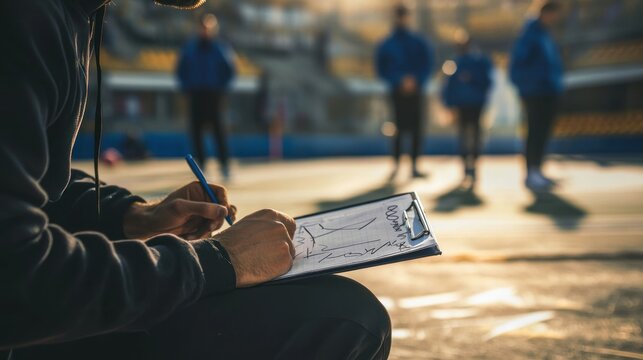 a coach drawing up a play on a clipboard during a timeout, emphasizing strategy and teamwork