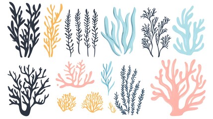 Seaweed, coral, and sea plants clip art set in a flat vector style on a white background with margins, in bright pastel colors