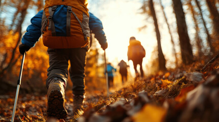 Adventurous hikers with backpacks navigate a sunlit forest trail, enjoying nature's golden hues. Leading lines emphasize the path ahead.