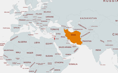 Map of israel and  iran . Highlighting the two countries on the map.
