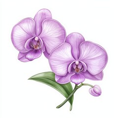 Obraz premium Purple orchid flowers on a stem with green leaves, white isolate background.