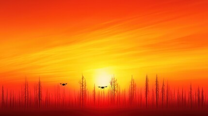Silhouetted trees against a vibrant orange sunset with flying drones.