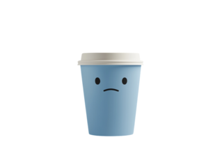 Blue coffee cup with a sad face on white background PNG transparent.