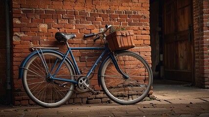Obraz premium Bicycle Vintage Leaning Against a Rustic Brick Wall reflects classic and retro style. Suitable for travel and lifestyle content.