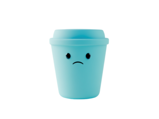 Blue coffee cup with a sad face on white background PNG transparent.