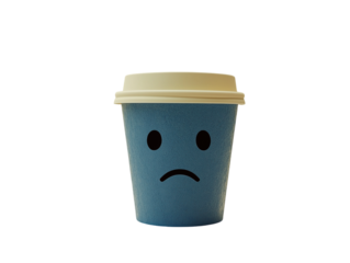 Blue coffee cup with a sad face on white background PNG transparent.