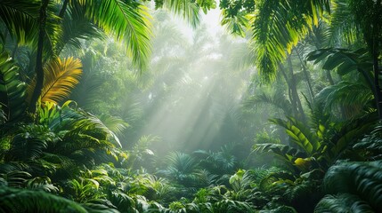 Obraz premium Dense Tropical Rainforest with Dappled Sunlight