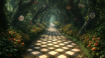 Wonderland Pathway with Signs Banner background of Mad Hatter Day Wonderland Pathway with Signs, for banner, 