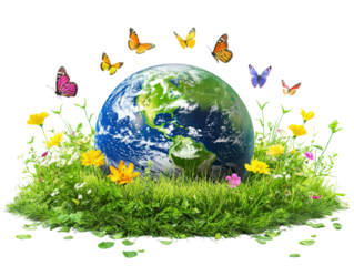 Green Earth covered in plants and butterflies on white background PNG transparent.