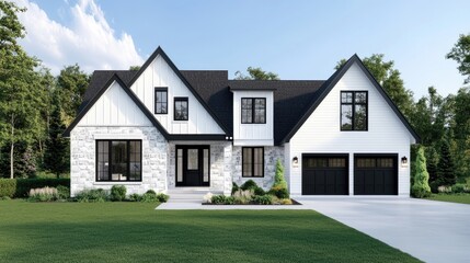 A striking modern house features large windows and a dark gray roof, basking in the sunshine among green landscapes in Vancouver, British Columbia