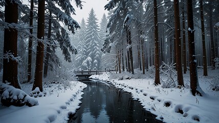 Naklejka premium Winter Wonderland Forest with Snowfall, paths and trees Coolness in nature, scenery.