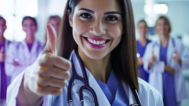 A healthcare professional confidently shows a thumbs-up gesture, smiling broadly in a hospital environment. Concept of good hospital practices and dignified treatment of medical staff