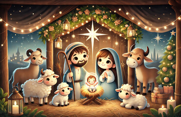 Cute cartoon fairy-tale illustration representing the holy family. Nativity scene in Bethlehem.Christmas scene showing holy family with Joseph Mary baby Jesus - sheep and Christmas tree