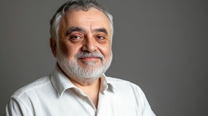Fototapeta premium Mature Gray-Haired Man In White Shirt Smiling Confidently Against Neutral Background