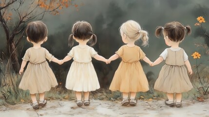 Four young children holding hands on a forest path amidst autumn leaves, symbolizing friendship and the joy of childhood.