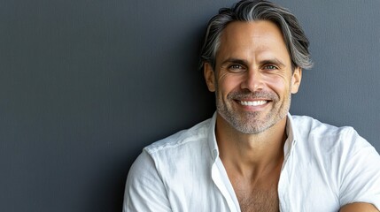 Obraz premium Smiling Senior Man With Gray Hair And Casual White Shirt Posing Against Gray Wall 