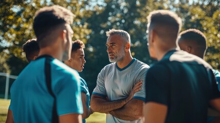 a coach giving advice to players during a practice session, emphasizing teamwork and strategy
