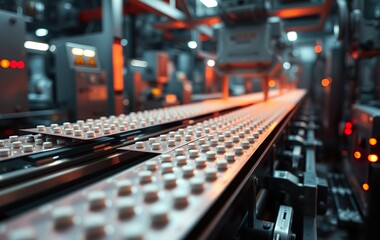 Naklejka premium Pharmaceutical production line with mechanized assembly of blister packs containing tablets, moving swiftly through quality control.