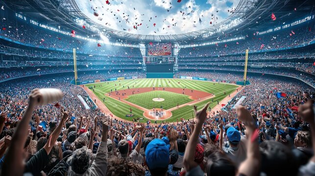 a packed stadium with fans cheering and waving banners during a thrilling baseball game