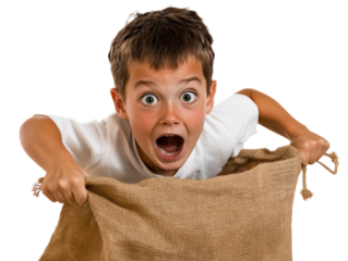 Excited boy jumping in a sack race on white background PNG transparent.