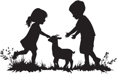 Kids Playing small goat black silhouette vector
