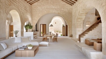 A cozy living room features light gray sofas, a wooden coffee table, and leads to a stylish kitchen and dining area with white walls and wooden beams