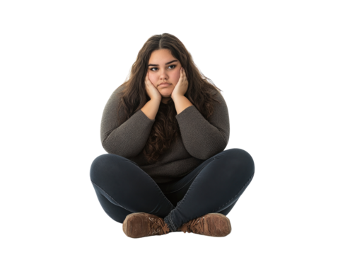 Sad overweight woman sitting on white background PNG transparent.