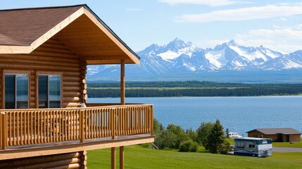 A log cabin overlooks the serene waters of Jackson Lake, framed by majestic mountains, inviting relaxation in summer beauty