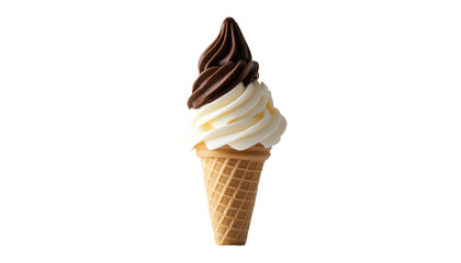 A single soft-serve ice cream cone with chocolate and vanilla swirls on a black background.