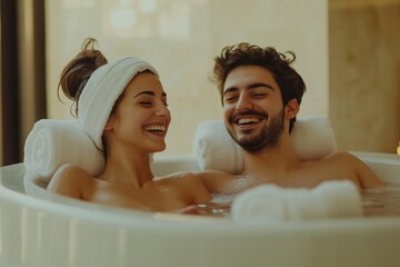 Obraz premium Couple laughing and relaxing at a spa pool 