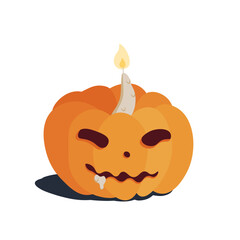An orange Halloween pumpkin with a burning candle and flowing wax carved with a scary face. Isolated vector picture on a white background.