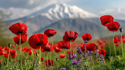 Fototapeta premium A field bursts with blooming red poppies and purple violets, framed by the majestic snow-capped Aravah Mountain range in Armenia