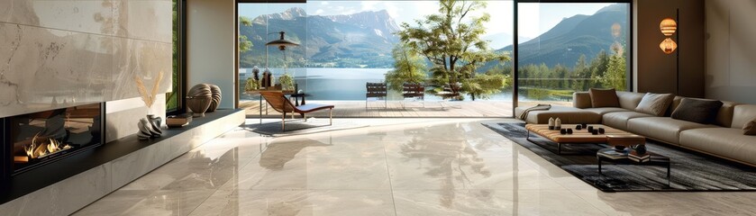 Fototapeta premium A large living room with a fireplace, a couch, and a chair