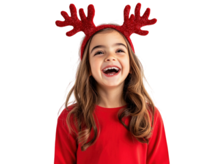 Laughing girl with reindeer antlers headband on white background PNG transparent.