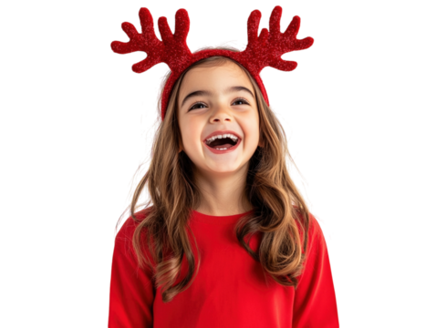 Laughing girl with reindeer antlers headband on white background PNG transparent. - Powered by Adobe