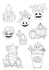 Coloring page Set Of Halloween Cartoons Showing Pumpkins And Sweets