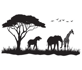 Giraffe in the savannah, Landscape silhouette vector, African savannah Silhouette of animals