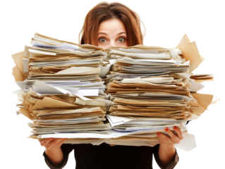 Woman struggling with a pile of paperwork on white background PNG transparent.