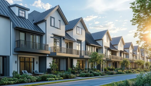 A row of modern townhouses with gray metal roofs and white walls, each house has an exterior balcony on the second floor Generative AI