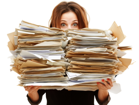 Woman struggling with a pile of paperwork on white background PNG transparent.