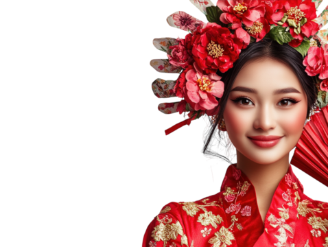 Woman in red traditional outfit holding a fan on white background PNG transparent.