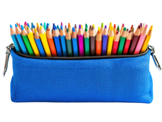 Blue pencil case with colorful pencils on white background PNG transparent.