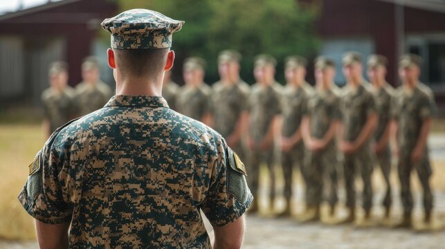 a group of recruits listening to a drill instructor in front of the barracks, symbolizing training and discipline