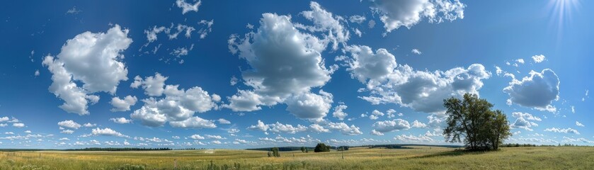 A large field with a tree in the middle and a blue sky with clouds