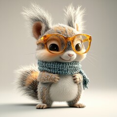 Fototapeta premium Adorable squirrel wearing oversized glasses and a knitted scarf, set against a soft gradient background. perfect for animal lovers, greeting card designs, or social media content.
