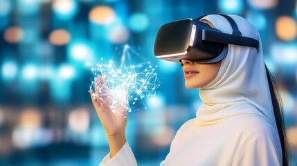 "Arabic Lady Embracing Innovation: Using 3D Smart Glasses for Futuristic Virtual Entertainment and Information"